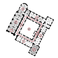 Bernardinų vienuolyno su bažnyčia XVII–XVIII a. planas: 1) pietinis korpusas; 2) rytinis korpusas; 3) šiaurinis korpusas; 4) refektoriumas; 5) galerija; 6) kluatras; 7) prienavis; 8) nava; 9) apsidė