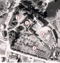 Pranciškonų (bernardinų observantų) vienuolyno teritorijos aerofotografija, daryta 1958 metais: 1) vienuolynas su bažnyčia; 2) šventorius (buv. bažnytinės kapinės su Šv. Jurgio koplyčia); 3) vaismedžių sodas su daržais, takais ir Saulės laikrodžiu; 4) ūkinis kiemas