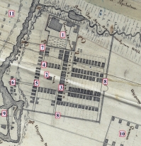 Karolštato arba Kretingos miestas matininko Pranciškaus Jodkos 1771 m. sudarytame dvaro ir miesto žemių plane: 1) bernardinų vienuolyno su bažnyčia pastatų kompleksas; 2) Turgaus aikštė su rotuše; 3) svečių namai pirkliams apsistoti; 4) smuklė (užvažiuojamieji namai); 5) iždinė; 6) protestantų gyvenamas kvartalas; 7) prieglauda; 8) miesto siena; 9) vandens malūnas (aplinkui jį XVIII a. įsikuria Žydų Naujamiestis); 10) miesto kluonai, vadinti Kluonais, Kluonaliais; 11) Kretingos kaimas (Kretingsodis)