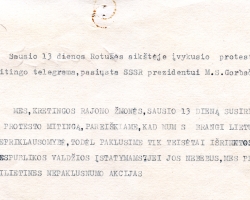 Rotušės aikštėje įvykusio protesto mitingo telegrama (kopija), pasiųsta Sovietų Sąjungos prezidentui M. S. Gorbačiovui, dėl pilietinės nepaklusnumo akcijos. 1991-01-13